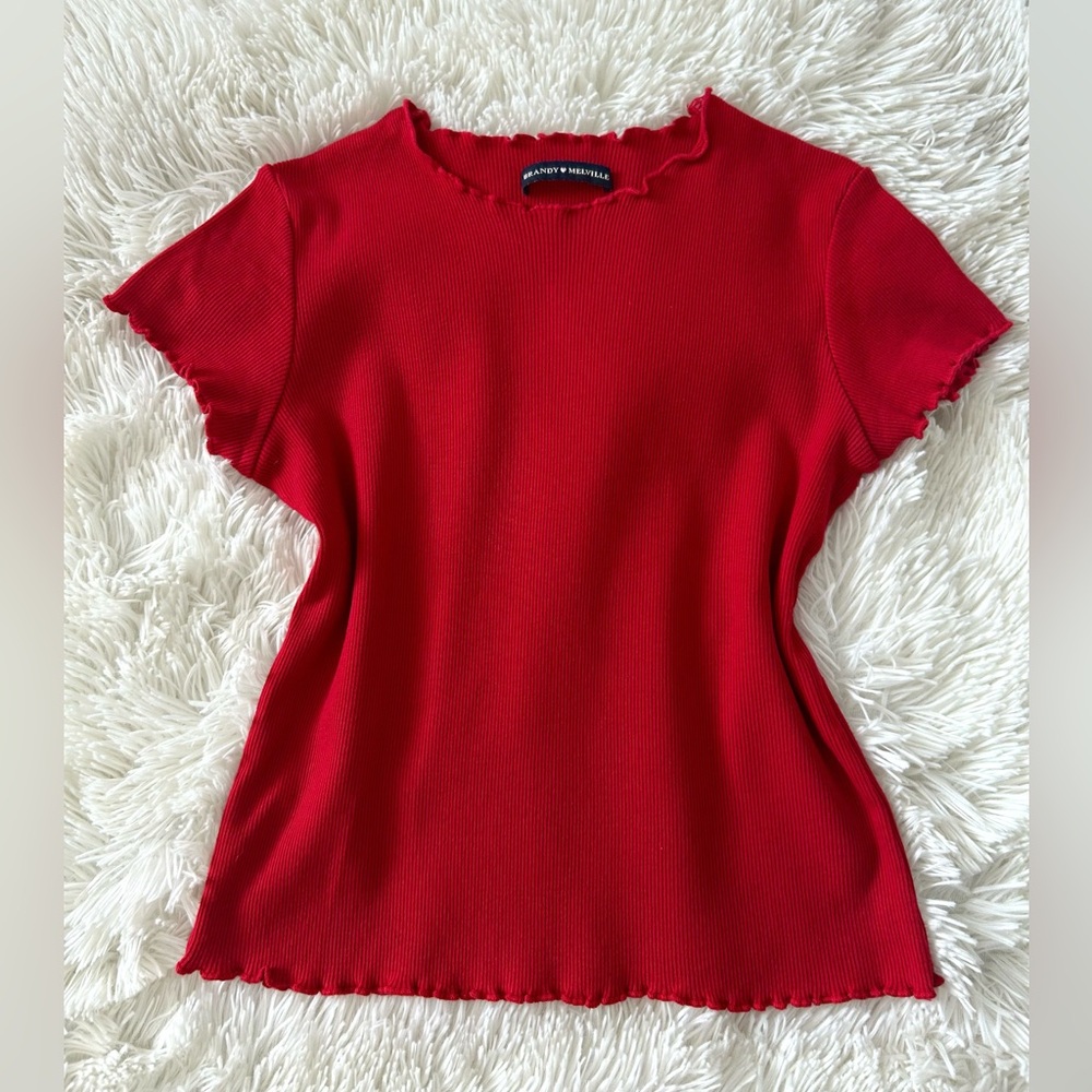Brandy Melville Red Fitted Short Sleeve Tee with Ruffle Neckline and Sleeve’s